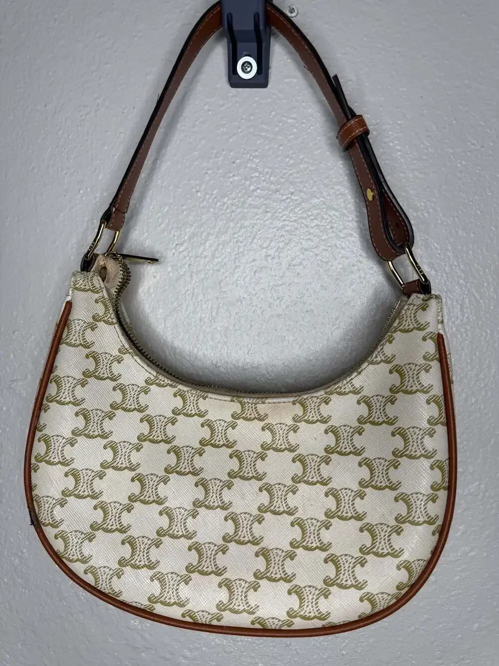 Celine Ava Triomphe Shoulder Bag White Coated Canvas with Tan Leather Trim